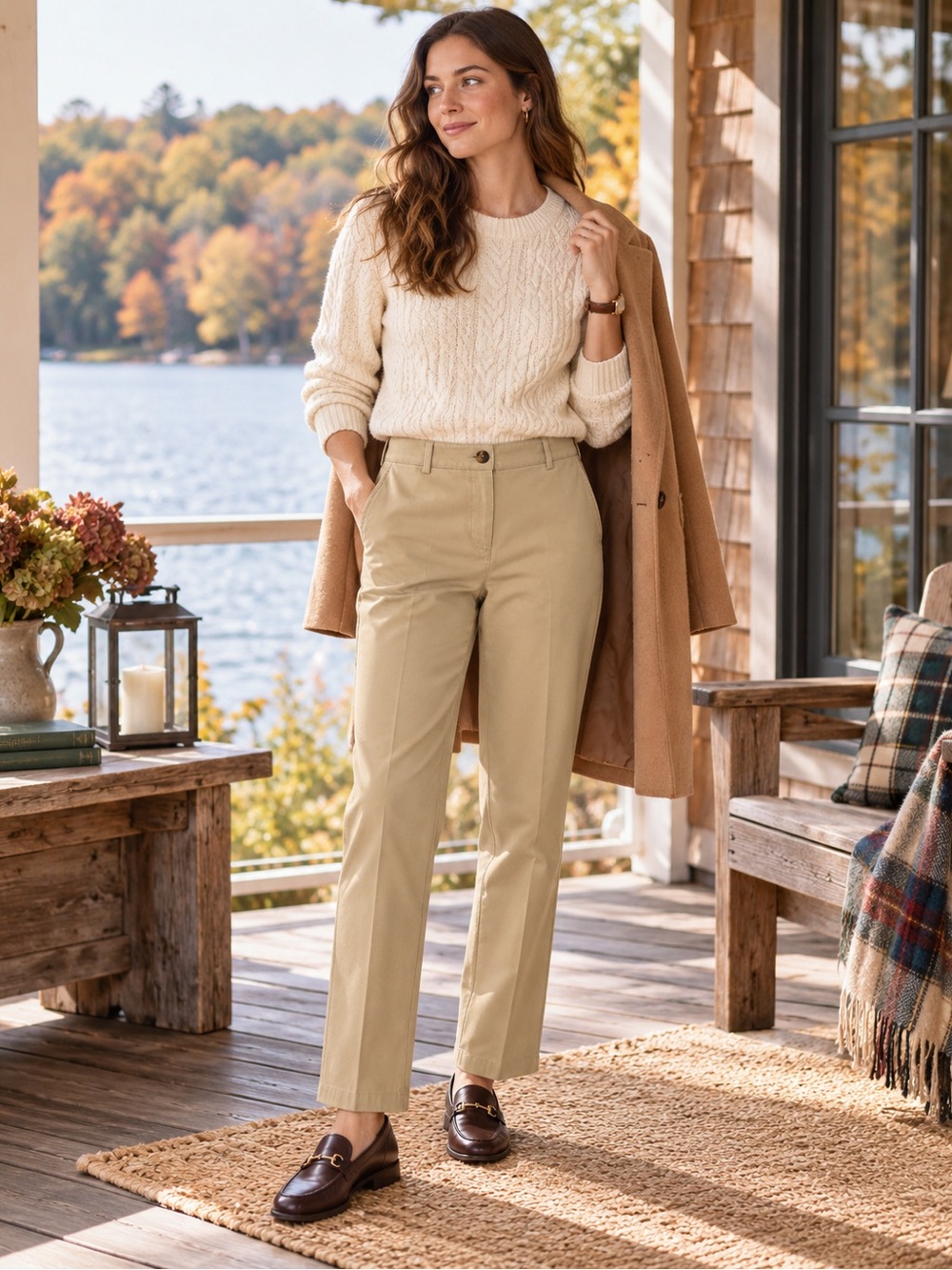 L.L. Bean Size 4 Straight-Leg Chino Trousers in Beige Khaki Cotton